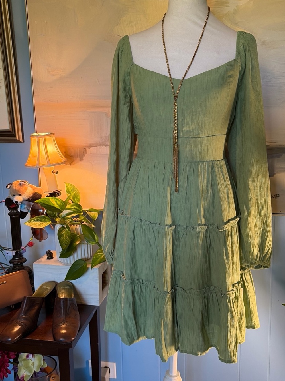 Altar'd State Olive Green Long Sleeve Tiered Midi Dress